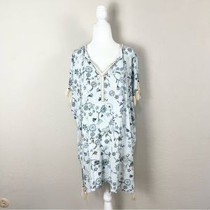 Skemo Blue Floral Beaded Embroidered Tassel Swim Cover Up Dress Size Small
